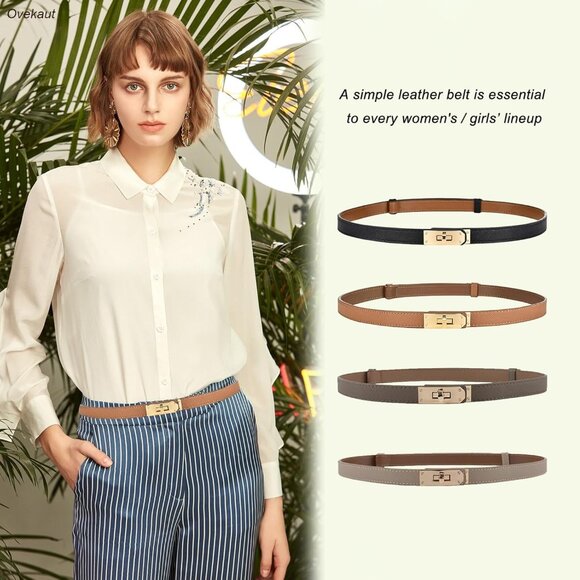 Women Skinny Leather Belt Adjustable Waistband Gold Turn Lock for Dresses Jeans - Picture 2 of 6